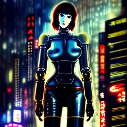 fullbody portrait in oil on canvas ,beautiful biker female robot, ominous, intense stare, sad eyes, post-apocalyptic in a cyberpunk city, ghost in the shell, Akira bike, BladeRunner movie poster, masterpiece, realistic, intricate detail, sci-fi fantasy style, volumetric lighting, particles, highly detailed ,cinamatic , deep colours,8k, by Kaare Andrews , signed YAK