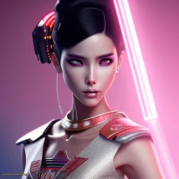 pilar rubio, Cyborg anime samurai, cyberpunk, white skin, light black hair, geisha hairstyle, cobalt eyes, blood in face, waist up portrait, 8k resolution, retroanime, intricate details, neon details, soft lighting, vibrant colors, masterpiece, intricate eyeliner, dark eyeshadow, eyes, intricate tattoos, gradient background