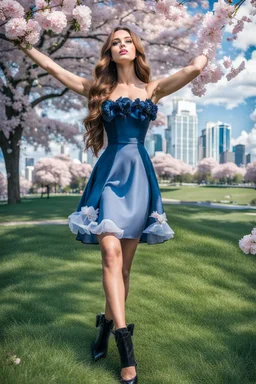 fullbody girl makeup wearing a victorian short dress walking in moder city of 2040 park ,flowers ,pretty clouds in blue sky,city escape.