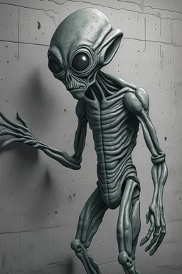 a gray alien standing by a wall pissing back view he turned face write scared
