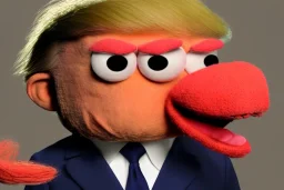 Angry muppet trump in a suit with a spray tan, No tongue. Wearing a MAGA cap, looking forward, nose