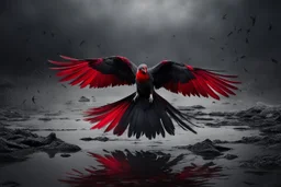 bird, broken wings, dark red feathers, pools of red, black and gray colors, surreal mood, kife and passing away, etheral, natur,, abstract background, pain, loneliness, despair, gray plain wall, cinematic, masterpiece