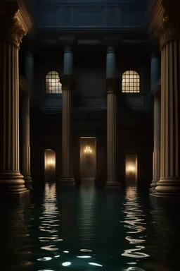 Hyper Realistic huge wave splashes & flood water inside a huge dark Palace hallway with traditional roman pillars at night