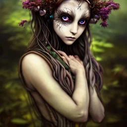 karlan, rusty metal, anime, Dryad, fae, sidhe, ominous, nature, plants, wildflower, facepaint, dnd character portrait, intricate, oil on canvas, masterpiece, expert, insanely detailed, 4k resolution, retroanime style, cute big circular reflective eyes, cinematic smooth, intricate detail , soft smooth lighting, soft pastel colors, painted Renaissance style