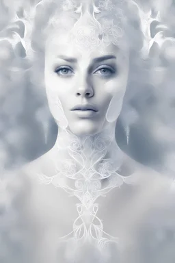 double exposure photography, beautiful female face against the backdrop of a white ornaments, in the style of intricate body-painting, symmetric, double exposure effect, x-ray effects, magic realism, intricate details, ultra high detailed, layered, masked, digital art