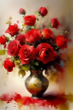A vase of red roses in the style of artist John Lovett