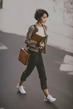 color photo of a student girl 22 years old ,short hair with her books in her hand walking in street,next to trees.