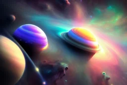 Jupiter, Saturn, nebula, , blue and green, high key lighting, volumetric light high details psychedelic background