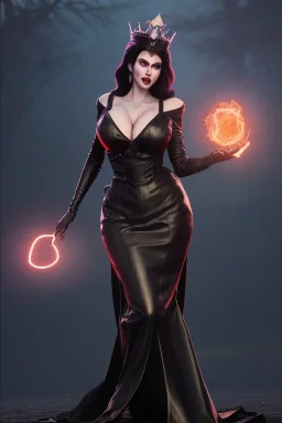 Amy Dumas as evil queen in black leather gown, evil, busty, cleavage, curvy, angry, stern look. character design by cory loftis, fenghua zhong, ryohei hase, ismail inceoglu and ruan jia. unreal engine 5, artistic lighting, highly detailed, photorealistic, fantasy