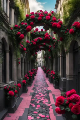 The street of the city is made of black stone entwined with red and pink roses. The sky is yellow-green.