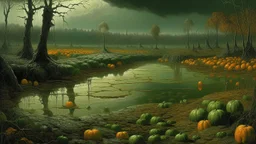 Dark green wetlands with pumpkins painted by John Atkinson Grimshaw