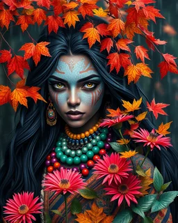 Vibrant autumn foliage in a rain-kissed setting, Ikebana arrangement, Haiku poetry inspiration, Japanese garden elements, autumn asters, Utagawa Hiroshige essence, Isaac Levitan influence, woman with dark skin, tribal markings, mysterious expression, piercing eyes, flowing black hair, colorful beads, layered textiles, bright hues, ornate jewelry, cultural richness, dark, blurred backdrop, GoBi, Наталья И-ва.Mystical character with pale blue scaly skin, icy green eyes, dark eyeliner, cascading da