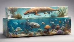 a box 10 cm long by 5 cm wide and 25 cm high, with drawings of animals, sea fauna tress from Subnautica