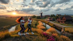 a group of young ladies in sports pants and blouse are dancing to camera in village over high grassy hills,a small fall and river and wild flowers at river sides, trees houses ,next to Ripe wheat ready for harvest farm,windmill ,a pretty train is leaving station along river,a few village local shops ,cloudy sun set sky