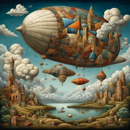 Surreal Cubist Dreamscape; by Picasso, Yerka, surreal Blimp, clouds, Wonderland