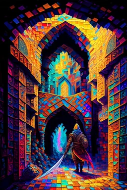 A huge colorful arabian mosaic dungeon being explored by a solitary heroic knight painterly fantasy art