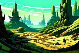 anime landscape, fairytale landscape medieval, dr. seuss landscape, landscape, dark, steep round hills, silly trees