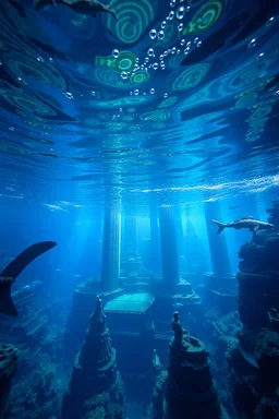 Under water world a city like Atlanta under the water with sharks fish statues and arks , high quality picture with water bluets and a submarine with water bubbles