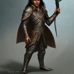 D&D character, male, long black hair, dark tan skin, artificer, holding gun, light armor, silver armor