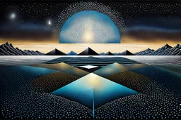 Pointillism surreal abstract landscape, standing and floating geometric shapes with shadows, reflections in iced-desert scene, dark complementer colours, surreal sky, lightning, detailed, masterpiece