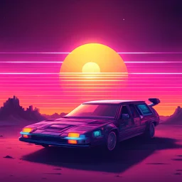 space car from 1085, synthwave picture style with light pixel, the sunset on the horizon, with a big pixelated sun and a half moon