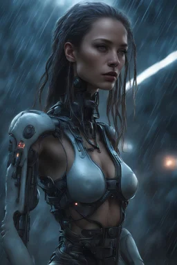 science fiction scene like cyberpunk on alien planet woman long hair ultrarealistic wet skin raining, tattos photorealistic, wind is blowing, tanned skin collarbones, one mechanical arm, robot army behind