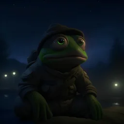 an exhausted pepe the frog at the frontlines in the army at night with his platoon fighting, key lighting, soft lights, foggy, by steve hanks, by lisa yuskavage, by serov valentin, by tarkovsky, 8 k render, detailed, cute cartoon style, very cute adorable face
