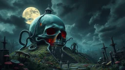 A surreal landscape featuring a massive skull-shaped glossy structure resembling a decayed house, surrounded by twisted vines and glowing head skull. Steps lead up to the entrance, with small humanoid figures scattered throughout a dense, eerie garden filled with unusual plants and fungi. Overhead, a large, ethereal moon illuminates the scene, while stormy clouds loom in the sky, adding to the ominous atmosphere.