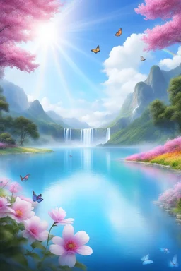 fantastic,Beautiful garden, flowers,rainbows, cascades arc en ciel, papillons colorés