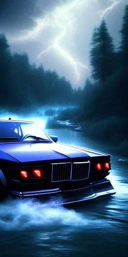 An muscled car at the bottom of an streaming river, lots of clouds within neon lights, thunder