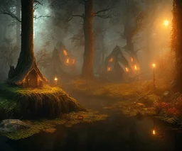 dynamic lighting, Intricately detailed, Splash screen art, deep color, Unreal Engine, volumetric lighting, dark fantasy artwork, dark swamp artwork, fantasy swamp artwork, cottage, night, fog, autumn,