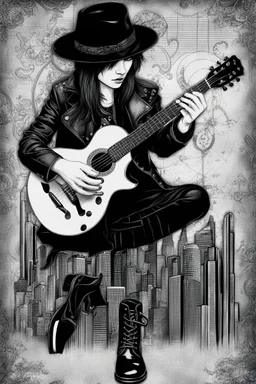 Mixed media picture, the background is black and white line art cyber city In the middle a colorful photo of an attraktive goth asian man playing on the old guitare , wearing goth dark cloths, shiny black jeans, steampunk black hat and black boots, his hair is deep blue-silver lines ans black colors, enhancing the contrast between her and the black and white cityscape space