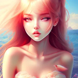 beautiful girl day, sunny, relaxing, sea, trees, real details --v anime style