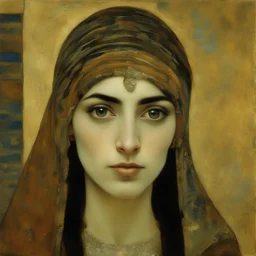 A portrait of a Persian young woman from 1000 BC in a desert in a head covering painted by Klimt