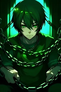 child boy in chains, cold and emotionless look coming from him, black hair, green eyes, Dark green background, a cut on his cheek, the bottom is full of chains, he is tied to his hands by handcuffs made by chains, anime style