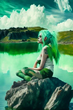 woman sitting on a rock, in a lake, green mottled skin, green hair, blue sky, wite clouds