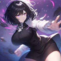 Clear focus,High resolution, Black short fluffy hair, and purple eyes, wearing a black outfit, must wear a short skirt, holding a glowing bow, fighting stance