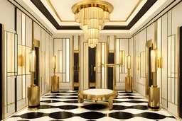 An Art Deco Foyer with mirrors and brass sconces, incandescent, gleaming