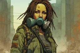 front facing full length portrait illustration of a grunge armored female with beaded dreadlock hair cyberpunk vampire mercenary with gas mask, telecommunications headset, and shemagh, highly detailed with gritty post apocalyptic textures, toxic irradiated landscape, finely detailed facial features and hair, in the graphic novel style of Bill Sienkiewicz, and Jean Giraud Moebius, with elements of collage, mimeograph, and pen and ink