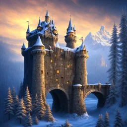 Castle under a natural stone bridge, snowy mountains