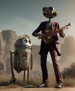 happy mechanoid person playing jazz with a steampunk theme, realistic