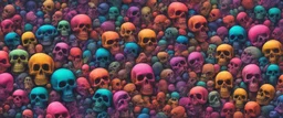 a field of 1000s of psychedelic psilocybin induced anatomically correct, skulls, vivid RANDOM BRIGHT neon colors, dark comedy, well lit, high detail, photorealistic, horrorcore, fun, scary, none featured, each a different color or hue, close to anatomically correct