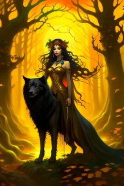 In the heart of a dense and enigmatic forest with towering ancient trees cloaked in yellow and amber foliage stood a bewitching sorceress possessing an ethereal allure her lustrous hair cascading in ebony waves down to her slender waist that turns into roots In the background a faithful companion a majestic canine of Belgian shepherd lineage roamed at her side its eyes illuminated by an otherworldly crimson glow exuding an aura both mysterious and demonic