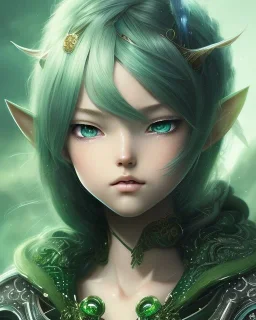 Detailed anime child elf girl, green hair, black and green dragon scale armour, intricate details, full body portrait, keep head in frame, slight smile, black Japanese motif, concept art, highly detailed, digital painting, concept art, sharp focus, illustration, art by Yoji Shinkawa, WLOP and greg rutkowski and alphonse mucha and artgerm and yanjun Chen and Junji ito and Makoto Shinkai, HDR, octane render