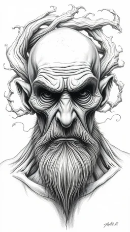 ππ§π€π’π₯π© highly detailed graphite illustration, front view , A surreal old man figure with exaggerated anatomical features, heavily wrinkled skin, and an intense, contemplative expression. bald head, thick eyebrows, long beard merge into swirling abstract shape. Mysterious, introspective, dreamlike, somewhat dark fantasy. #ππ§πart #prompt