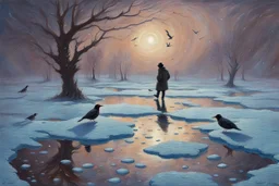 Gems, little puddle, space, man, ice, winter, flying birds, fantasy, otto pippel impressionism painting