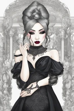 An attractive gothic Asian woman wearing a black dress, goth make up likely at a formal event or night out. She has a stunning look with her makeup and lipstick, drawing attention to her lips. The stylish dress and her passionate expression create an elegant and alluring atmosphere.