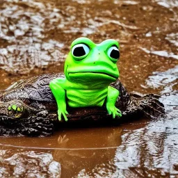 pepe the frog riding a snapping turtle on the edge of a muddy pond