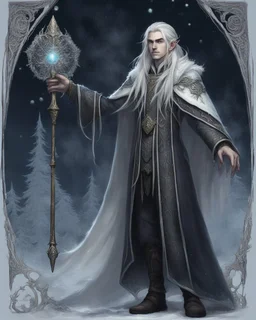 a young High Elf frost Wizard with long wiry hair, wearing a black trimmed white nobleman's robe and frost ornaments on clothes, holding an ornate wizard's staff.