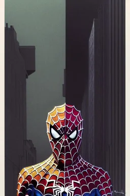 a vibrant ultraclear sideview waist up portrait of the spiderman robot by rene magritte and laurie greasley, etching by gustave dore, colorful flat surreal, ethereal, intricate, sharp focus, illustration, highly detailed, digital painting, concept art, masterpiece